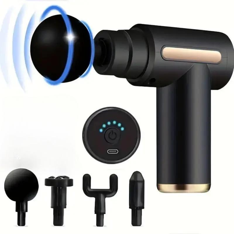 Home portable USB rechargeable 6-speed body massage gun, adjustable multifunctional body fascia gun . Perfect for muscle recovery, neck & back pain relief, and post-workout relaxation; 4 replaceable heads; Ultra-quiet brushless motor, black
