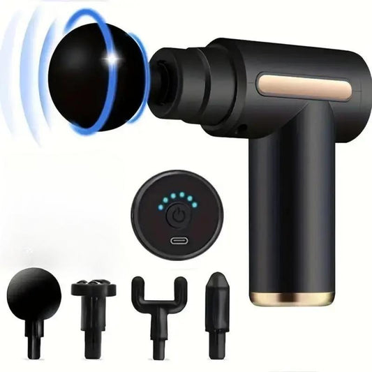 Home portable USB rechargeable 6-speed body massage gun, adjustable multifunctional body fascia gun . Perfect for muscle recovery, neck & back pain relief, and post-workout relaxation; 4 replaceable heads; Ultra-quiet brushless motor, black