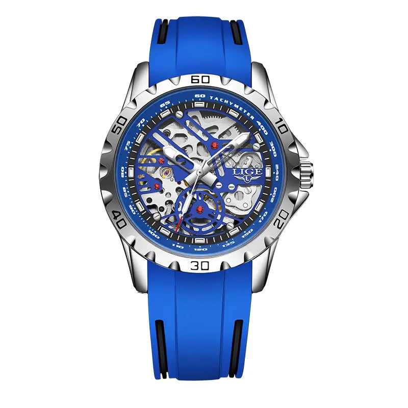 LIGE Men's Skeleton Mechanical Watch, 43mm Casual Wristwatch with Stainless Steel Case and Silicone Strap, Luminous Dial, 30m Water Resistant, Mechanical Style Watches image 10