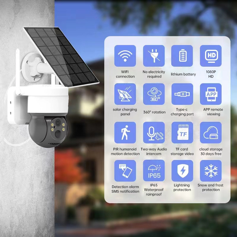 360° Panoramic and Tilting Solar Security Camera 2.4G Wi-Fi No Monthly Fee No Charging 24-Hour Security Guarantee Includes 64G Memory Card