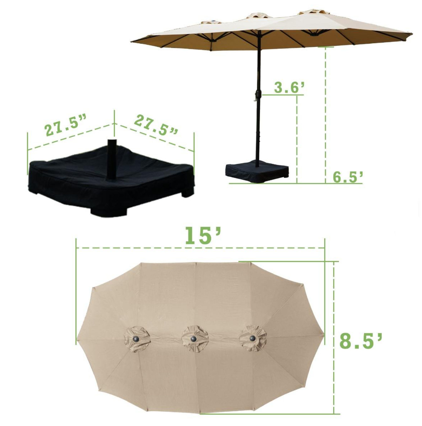 【On Sale】 15ft Heavy Duty Canopy Double Layer Cloth Patio Umbrella with 12 Ribs Hand Crank for Easy Opening 2 Sandbags Outdoor Design for Garden Pool and Lawn