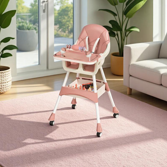 3-in-1 Baby High Chair for 6 Months & Up, Adjustable Tray, Lockable Wheels, PU Cushion & Toys – Perfect for Feeding, Play & Rest (6 Months - 3 Years)Pink silla alta de bebe Height Baby Changing Table