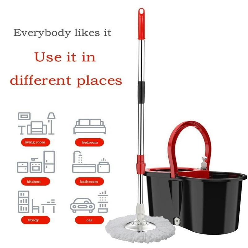 Spin Mop Bucket with Wringer Set, Operable 360 ° Rotating Mop Bucket Set, with 3 Microfiber Replacement Head ,Stainless Steel Mop Bucket 61 Inch Adjustable Handle Household Cleaning Tools Black Plastic