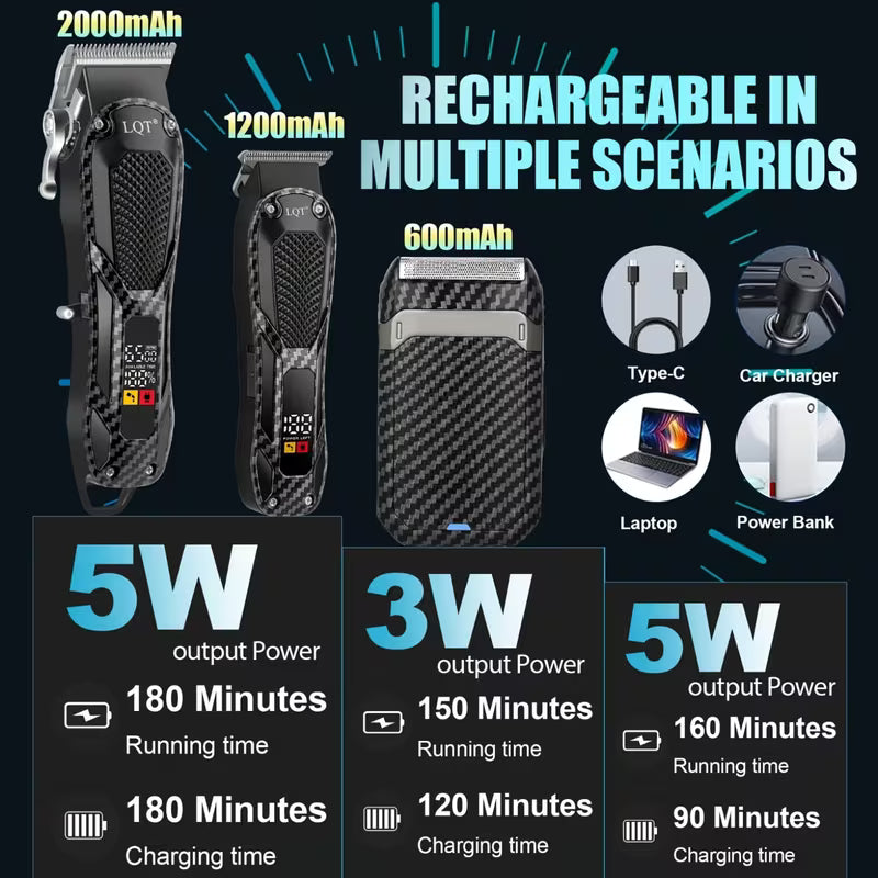 LQT 3pcs Men's Professional Hair Clipper & Beauty Set, LCD Display, Cordless USB Charging, Holiday Gift Box for Families & Barber Shops