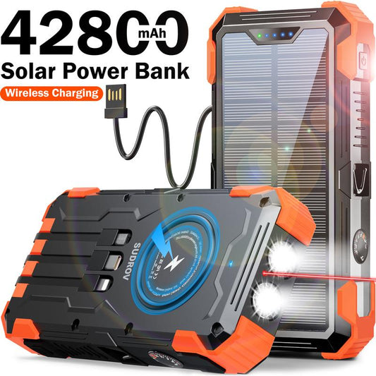 42800 mAh Solar Charger Power Bank Wireless Charger Built in 4 Cables 7 Outputs 15 Watts Fast Charging Power Bank for All Mobile Devices 3 Inputs Solar Portable Charger with Dual Flashlights, Carabiner and Thermometer