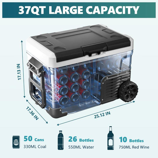 12V Refrigerator (37Quart /35L) supports 12V/24V DC & 110-240V AC. Portable with -4°F~68°F range, it features wheels, 2 baskets, and large cooling zone. Ideal for RVs, travel, Truck, Boat