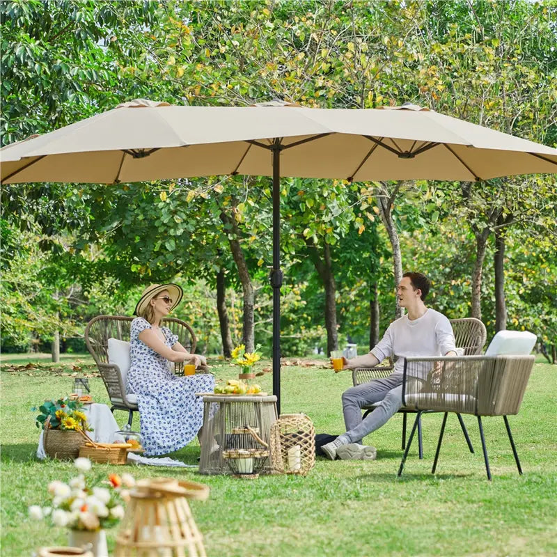 【On Sale】 15ft Heavy Duty Canopy Double Layer Cloth Patio Umbrella with 12 Ribs Hand Crank for Easy Opening 2 Sandbags Outdoor Design for Garden Pool and Lawn