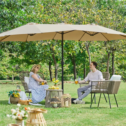 【On Sale】 15ft Heavy Duty Canopy Double Layer Cloth Patio Umbrella with 12 Ribs Hand Crank for Easy Opening 2 Sandbags Outdoor Design for Garden Pool and Lawn