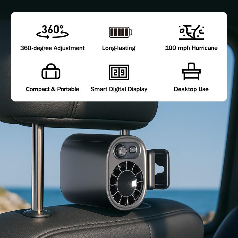 Car Clip On Fan with LED Display 360° Rotation 100 Speeds Adjustable USB Rechargeable Personal 1800mAh Battery Stepless Speed Adjustment - Charging