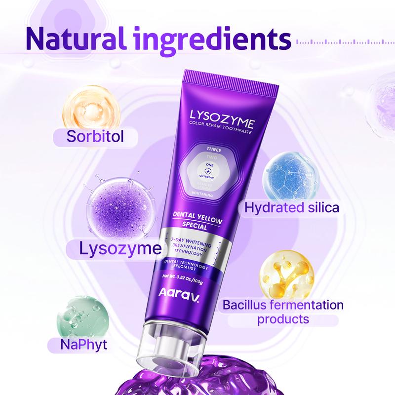 Buy 1 bottle and get 5 bottles free. Lysozyme Enzyme-Activated Purple Whitening Toothpaste. This toothpaste can immediately remove stains and restore teeth to a bright and shiny state, as well as freshen breath.