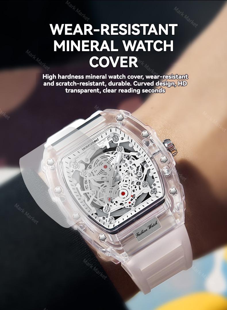 Christmas present Men's Luxury Barrel-shaped Transparent Waterproof Quartz Watch for Outdoor, Back to School, Parties, Daily & Fall. Ideal Birthday, Gift with Box.