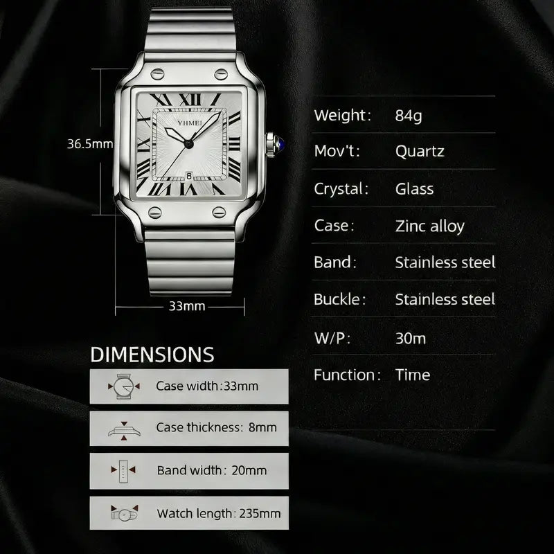 26 new Unisex Classic Square Roman Numerals Silver Analog Water-Resistant Watch suitable for Women Men Stainless Steel Strap Date Display Casual Wristwatch