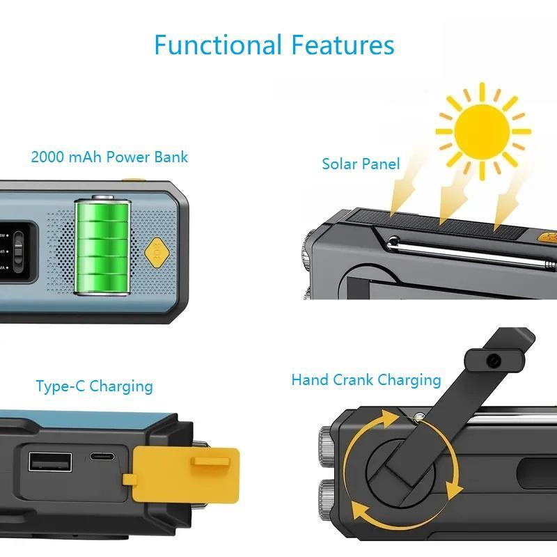 Hand-Crank/Solar Radio, Emergency Audio Radio Equipment with 2000mAh Power Bank & LED Light, Summer Portable Compact SOS Alarm Weather Radio, Outdoor Essentals, Gift