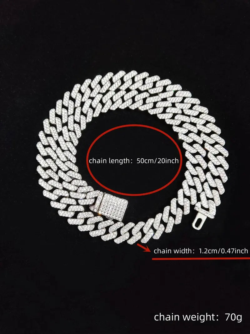 Unisex Punk Style Rhinestone Decor Chunky Chain Statement Necklace, Trendy Exquisite Cuban Link Chain, Hippie Rhinestone Decorated Jewelry for Party Decor