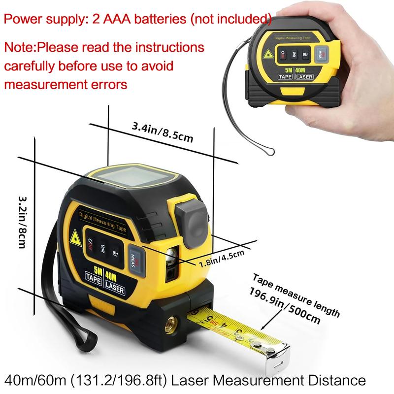 3-in-1 Digital Laser Tape Measure, 60m Laser Distance Measuring Tape with LCD Display & Self Locking Device, Accurate Measurement Tool for Area/Volume/Distance, Construction Tools, Hardware