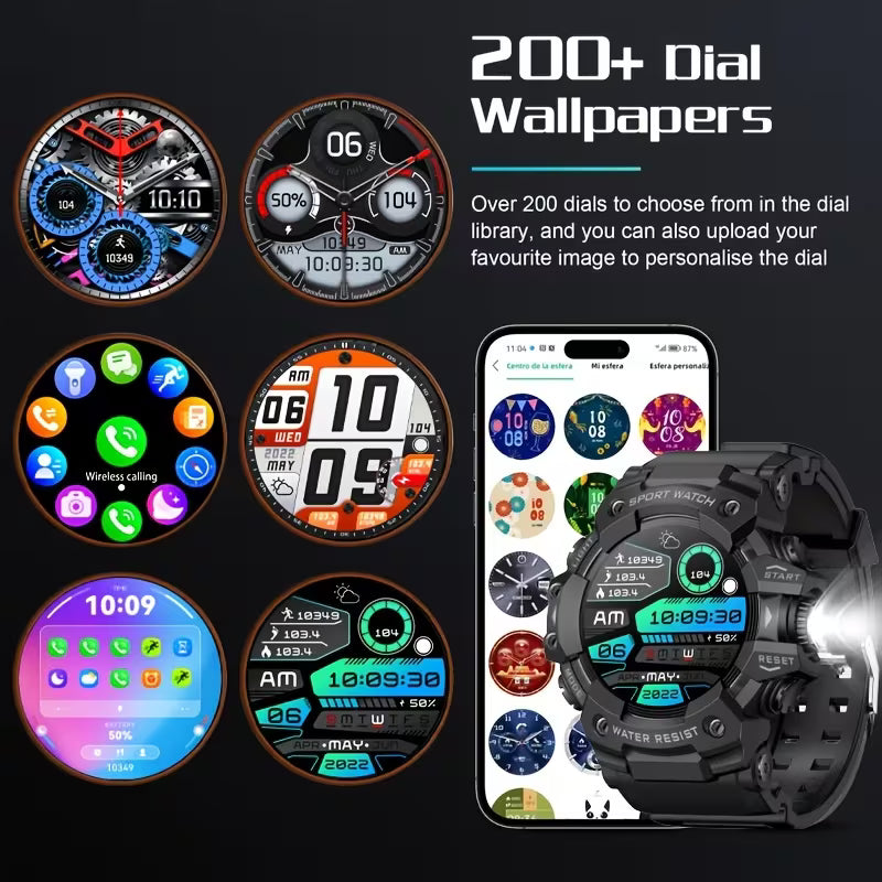 New Durable Men Smart Watch – Wireless Call, AI Voice Assistant, 100+ Outdoor Sports Modes, Built‑in LED Flashlight, 350mAh Battery – Perfect for Outdoor Lovers & Father’s Day Gift