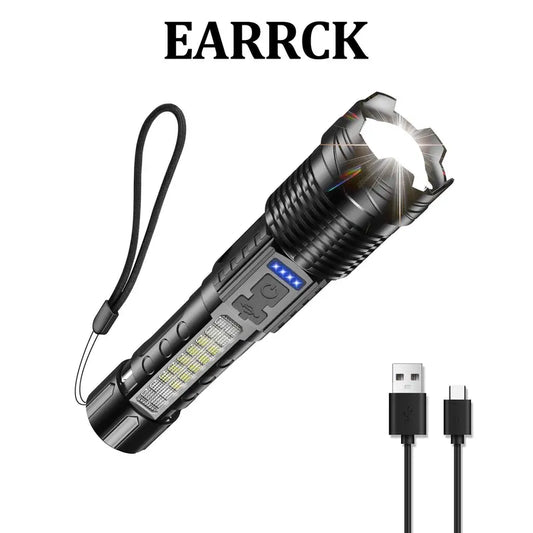 EARRCK strong light flashlight /buy more free shipping/USB rechargeable,/emergency lighting white laser flashlight with red and blue alarm lights and COB work light