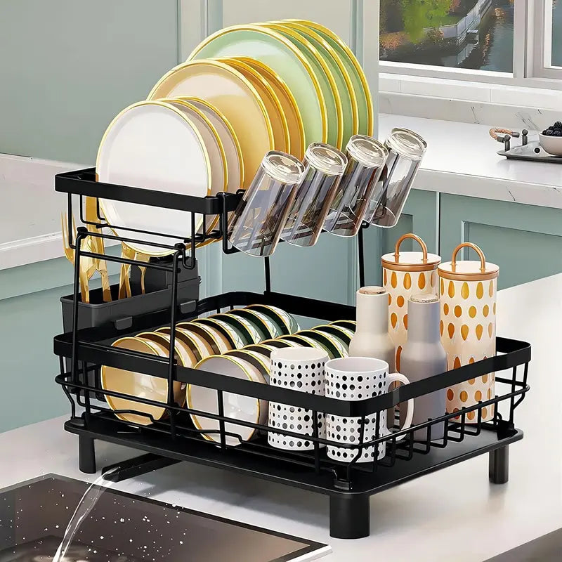 2 Tier Dish Drying Rack for Kitchen Counter Metal Dish Racks Drainers with Knife Cup Utensil Holder