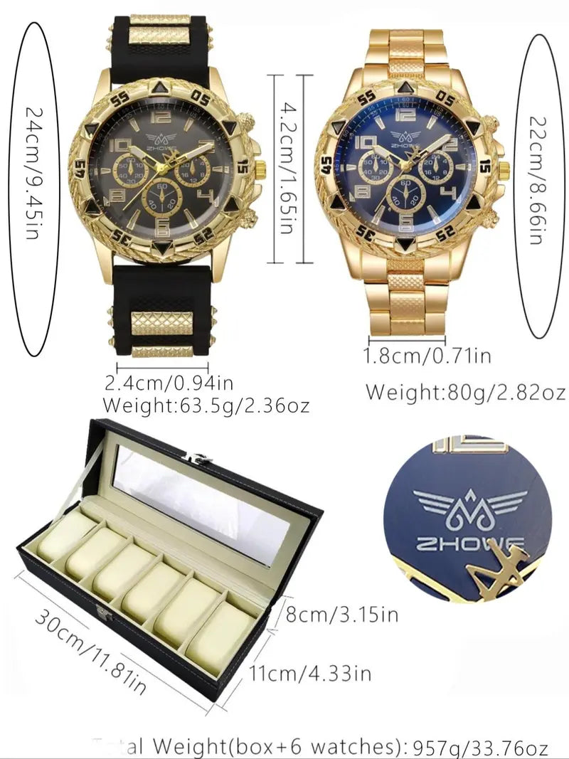 6-Piece Men's Business Round Dial Analog Quartz Watch Set with Box - Fashionable Wristwatch Gift Set for Men, Casual and Formal Wear
