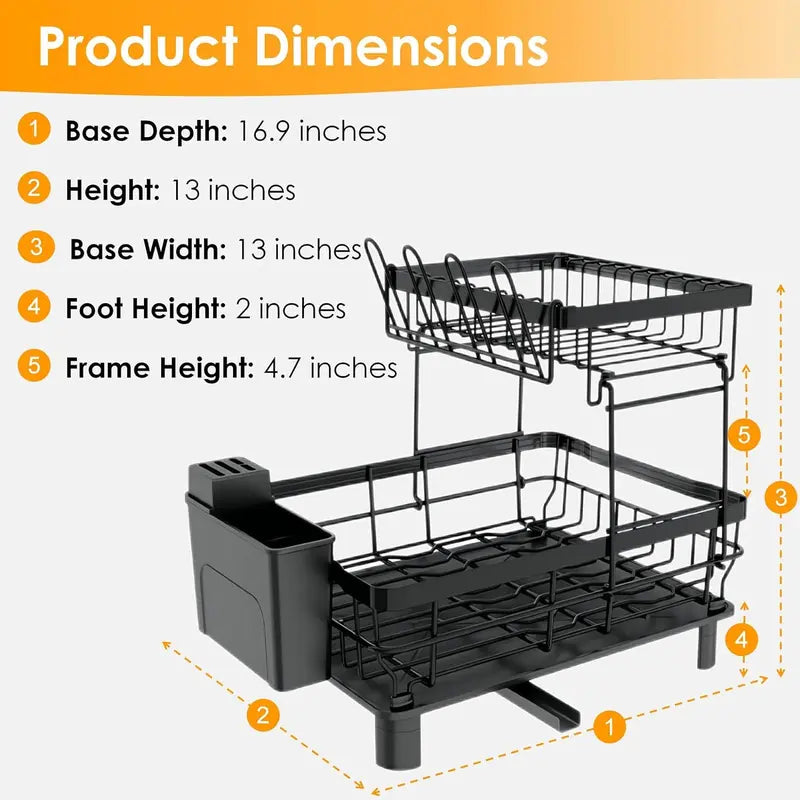 2 Tier Dish Drying Rack for Kitchen Counter Metal Dish Racks Drainers with Knife Cup Utensil Holder