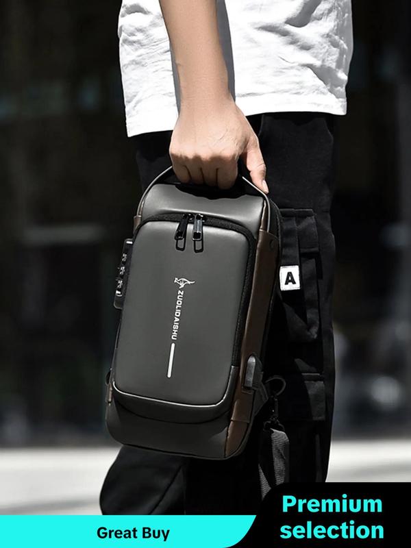 Letter Pattern Zipper Pu Sling Bag with Password Lock for Summer 2024, Waterproof Travel Business Chest Bag, Male Simple All-match Crossbody Bag As Gift, Designer Inspired Bags, 80s Luxury Aesthetic Crossbody Bags Valentine's Day, Gift for Him, Work Bag