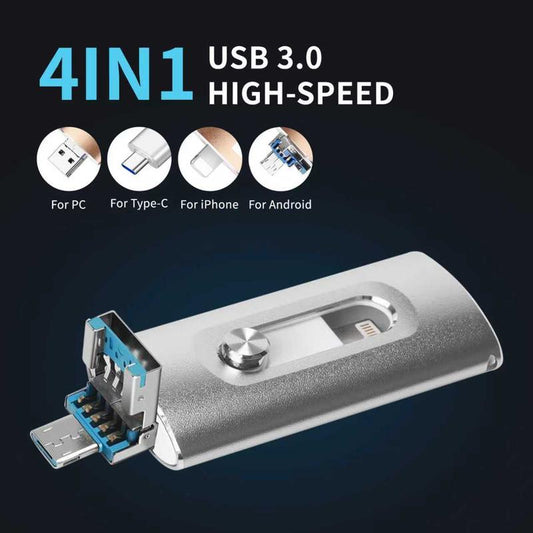 128G Portable 4-in-1 High-Speed USB 3.0 Memory Storage OTG Flash Pen Drive with Free Type-C Adapter for Android Smartphones, PCs and Laptops (Type-C Adapter Included)