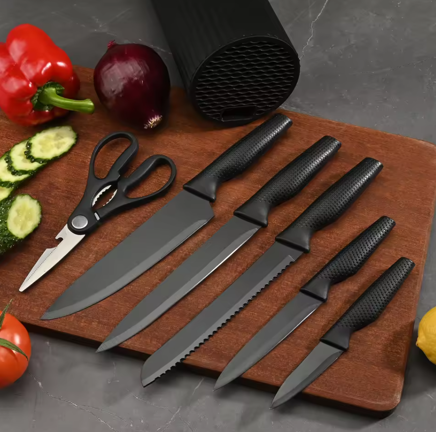 【flash sale】7-Piece Kitchen Knife Set for Chef, Sharp Knife Set with Universal Knife Block, Anti-Rust Kitchen Knife set, Ergonomical Design (Black)