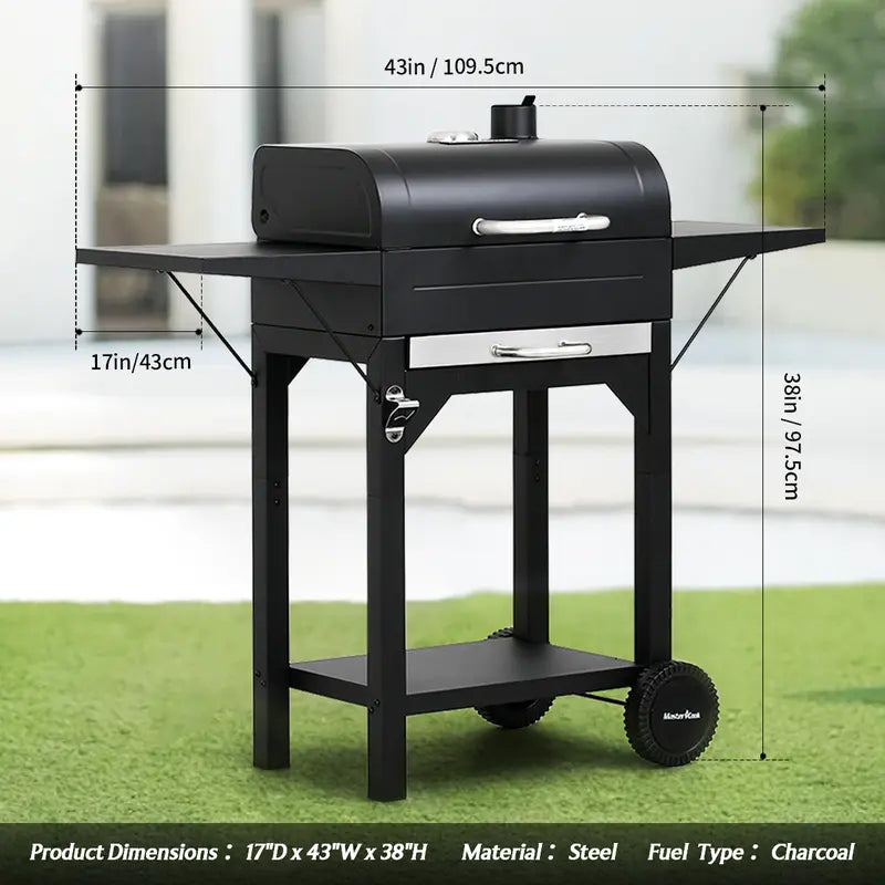 MASTER COOK Charcoal Grill with Two Side Tables, Heavy-duty Steel Barbecue BBQ Grill for Outdoor Picnic Backyard Patio and Parties, Black