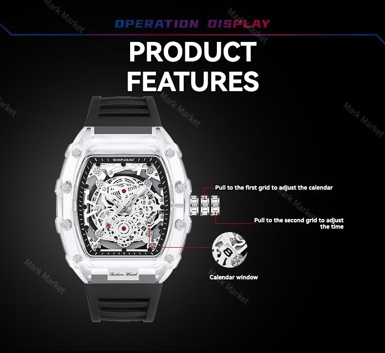 Christmas present Men's Luxury Barrel-shaped Transparent Waterproof Quartz Watch for Outdoor, Back to School, Parties, Daily & Fall. Ideal Birthday, Gift with Box.