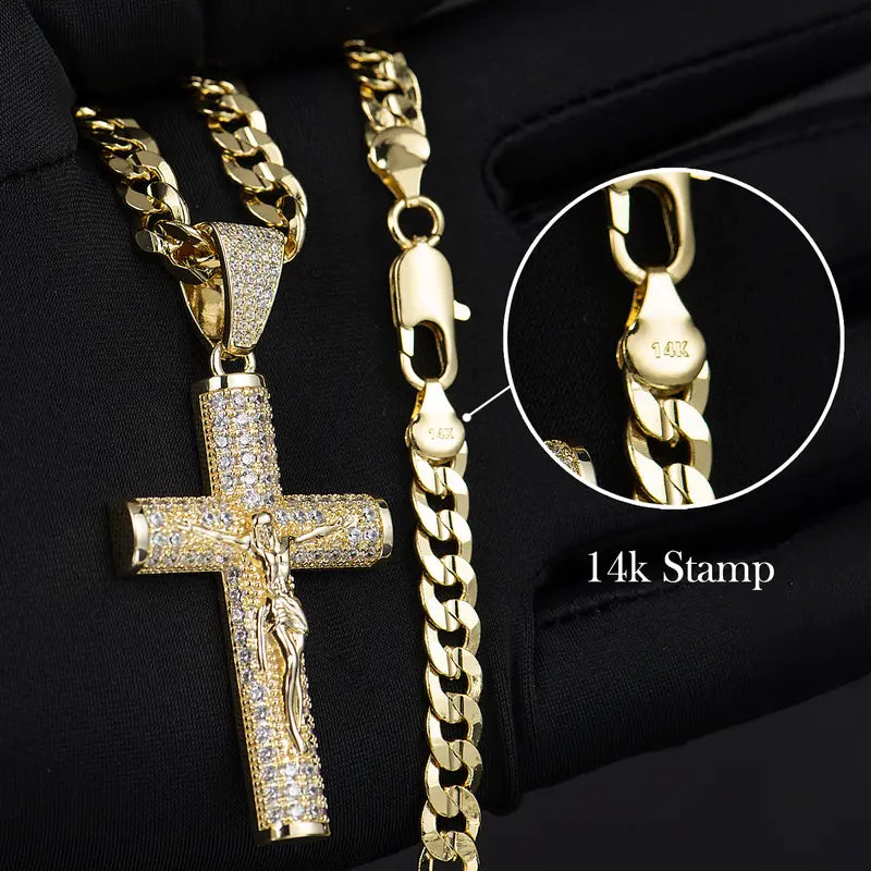 14K gold plating-Plated Cross Necklace for Men, Advanced Nanotech Tarnish-Free Cuban Figaro Rope Miami Chains with Jesus Crucifix Pendant, 24” Long , Christian Religious Jewelry Gift