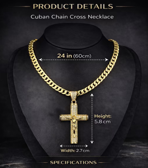 Cross Necklace for Men with Jesus Crucifix Pendant - 24" Cuban Figaro Rope Miami Chains