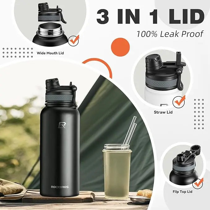ROCKBROS 1.2L Insulated Water Bottle with Straw - Stainless Steel Sports Cup, Leak Proof with Handle, Keeps Warm and Cold for Hiking, Cycling, School and Gym