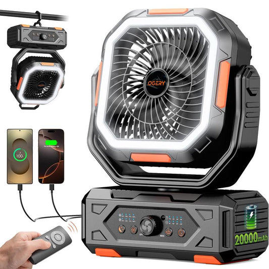 2025 Upgraded Camping Fan, 20000mAh Rechargeable Fan with LED Lights & 270° Pivot, Remote Control Shaking Head Desk Fan for Tent Travel Home Multifunction Outdoor Activities