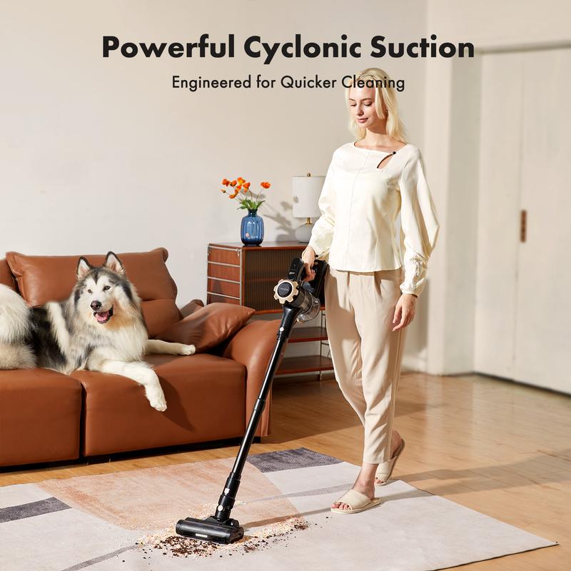 cordless vacuum features an 8-in-1 lightweight design with up to 45 minutes of runtime and 33Kpa of powerful suction. This rechargeable cordless vacuum is ideal for carpets, tiles, pet hair, and hardwood floors.