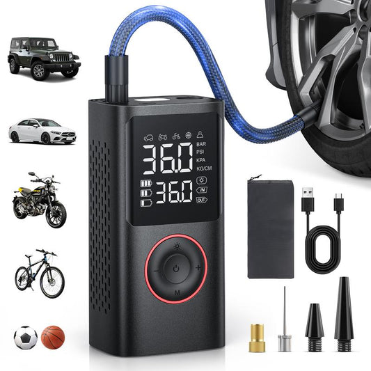 Digital tire inflator, wireless and portable, 150 pounds per square inch, anti-lock braking system for automobiles, air pump for tires, with vehicle and motorcycle pressure monitor