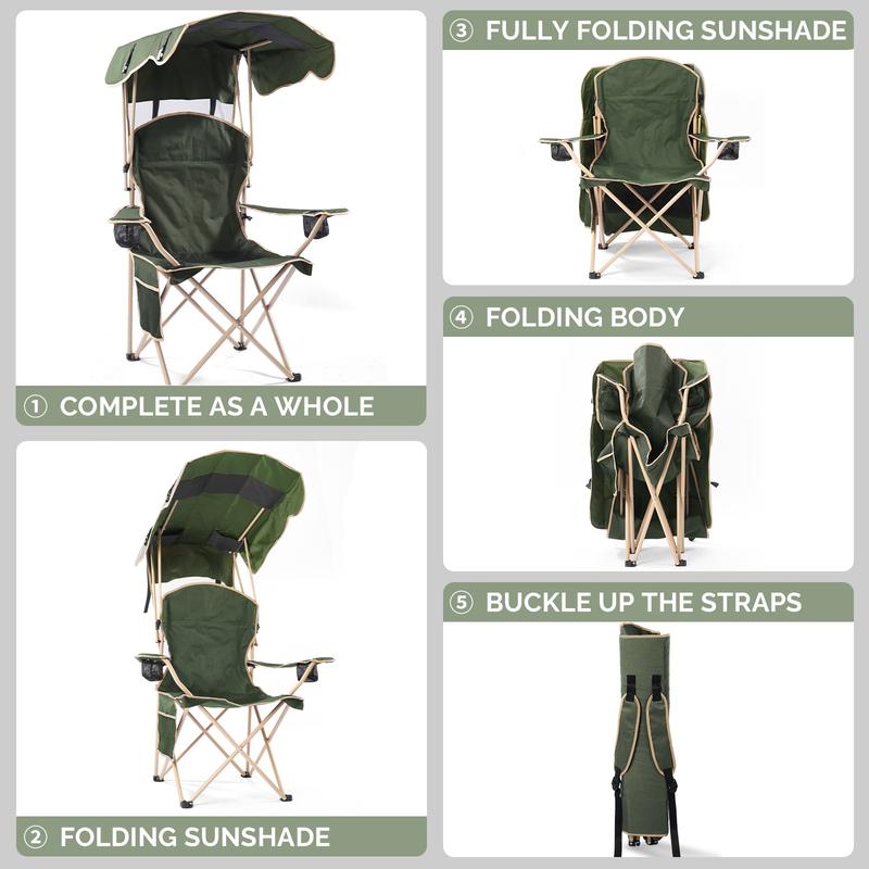 New Upgrade Wide outdoor chair, camping chair with foldable sunshade, suitable for beach camping, foldable outdoor fishing/sports | Comes with two cup holders and storage bag