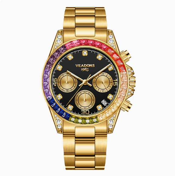 Men's Fashion Rhinestone Quartz Watch – Rainbow Dial, Chronograph, Luminous Date, Water Resistant – Box Not Included, Ideal for Party, Business & Daily Wear