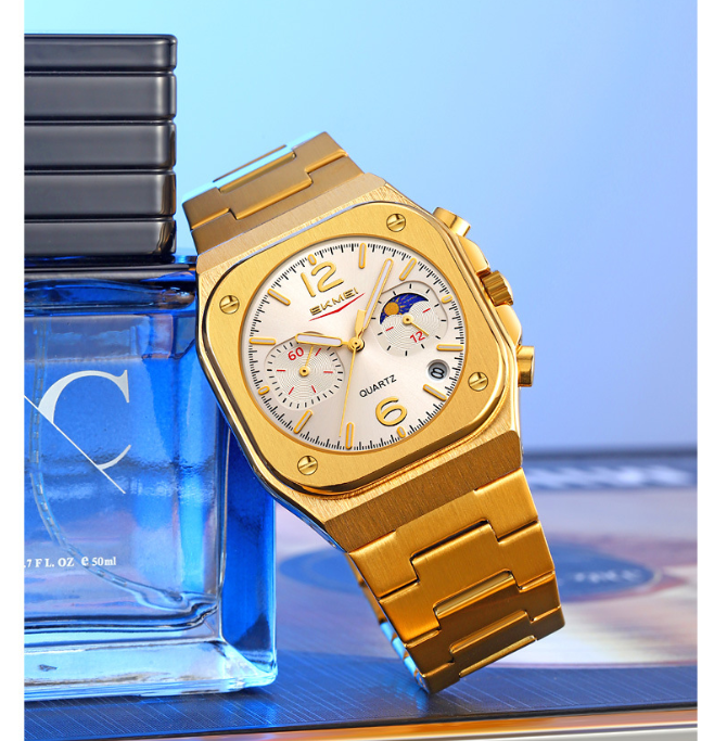 Men's Multifunction Business Quartz Watch – Moon Phase, Date, Chronograph, Stainless Steel, Waterproof, for Daily Wear & Gifting