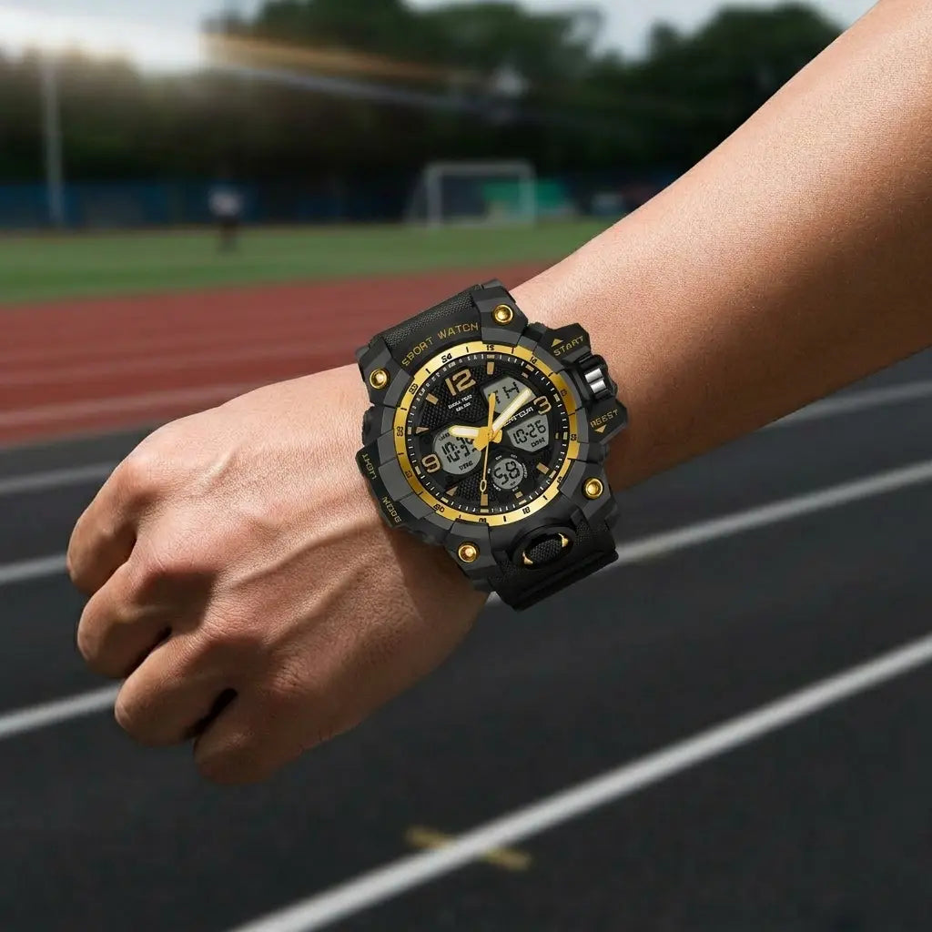 Men's Tactical Sport Watch - Large Dual Display, 50M Water Resistant, Luminous Alarm, Adjustable Rubber Strap for Outdoor Fitness