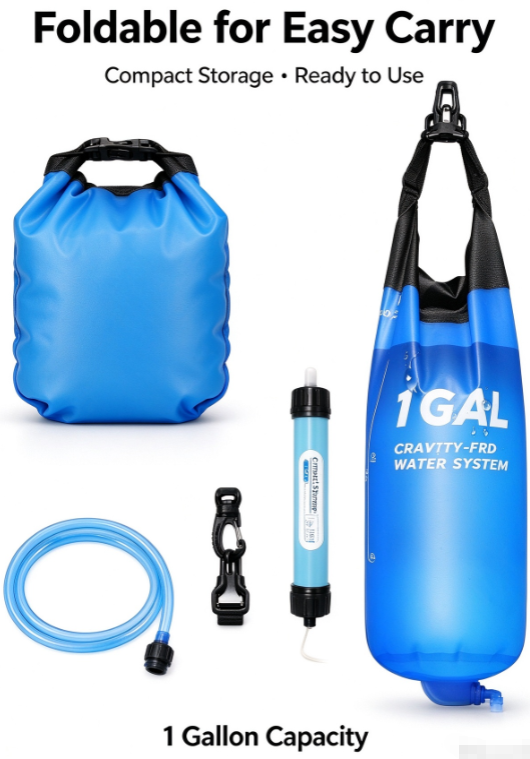 Gravity Water Bag 1 Gallon – Collapsible Camping Filter Bag with Hose & Clip for Hiking & Survival