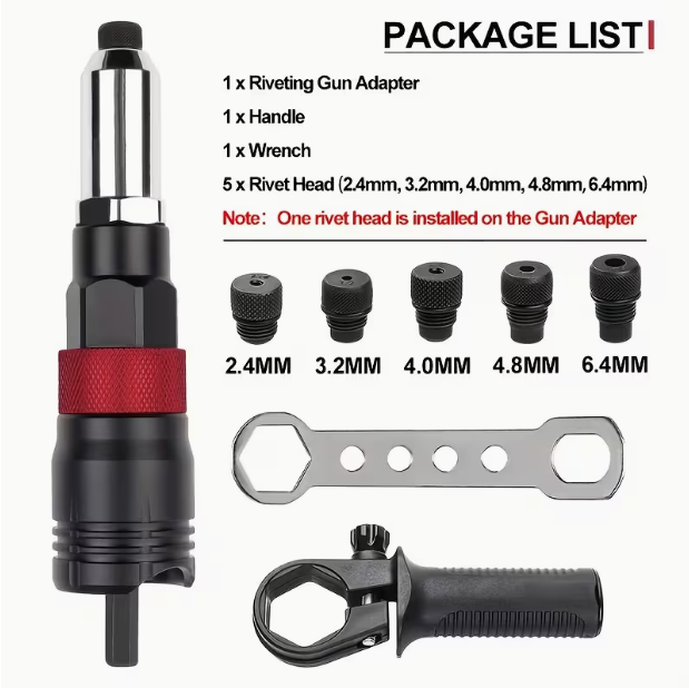Professional Rivet Machine Kit – Multifunctional Automatic Rivet Nailer with Drill Attachment, Includes Wrench & Handle, for 2.4/3.2/4.0/4.8/6.4mm Rivets, Ideal for Home & DIY
