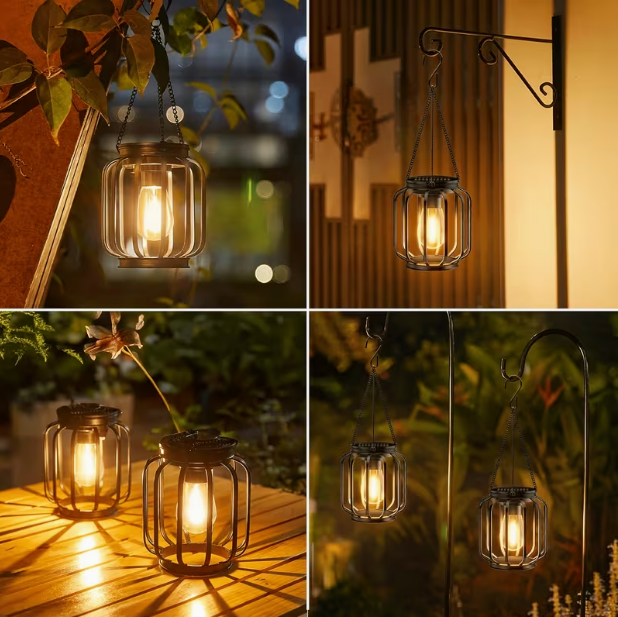 2-Pack Solar-Powered Outdoor Hanging Lanterns – IP65 Waterproof, Automatic On/Off Switch, Black Retro Metal Design with Built-in Solar Panel, for Porch, Garden & All-Season Use