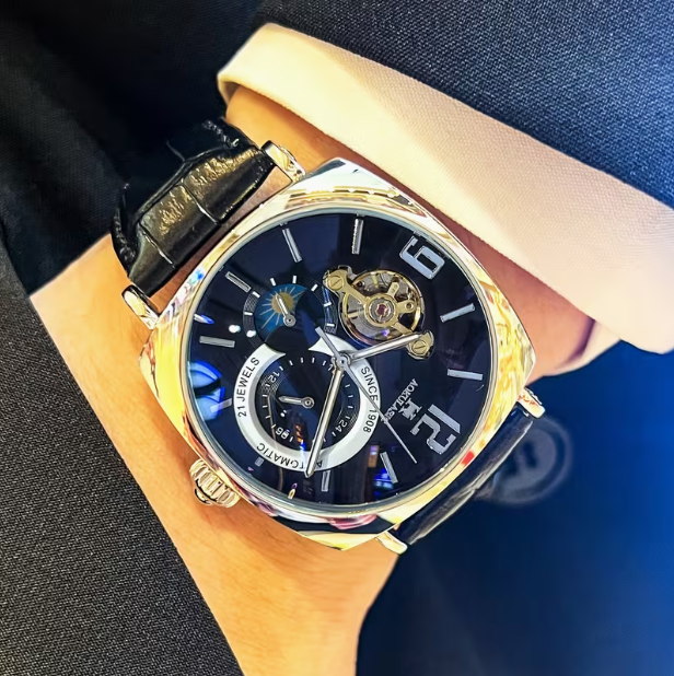 Elegant Men's Mechanical Watch – Retro Square Skeleton Dial, Alloy Case, Automatic Winding, Business Style, Analog Display, Battery-Free