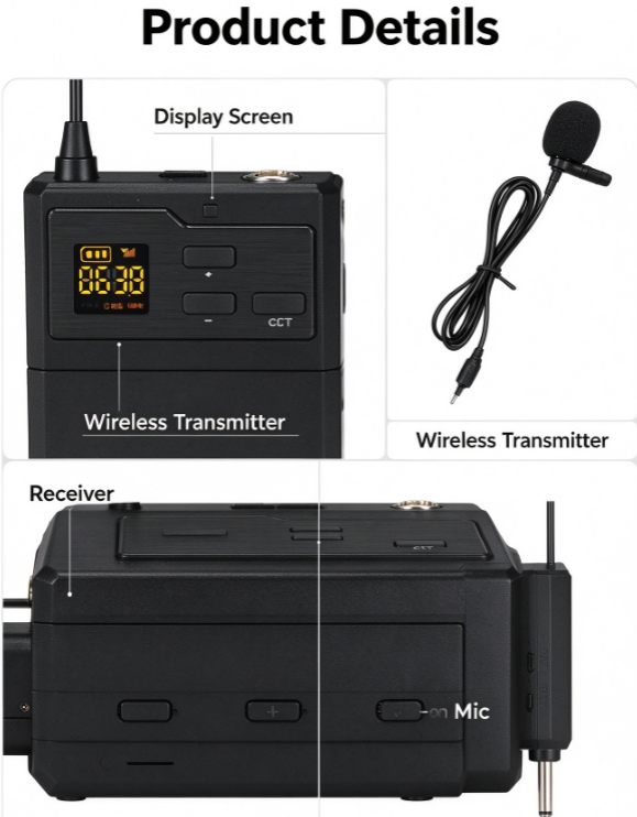 UHF Wireless Lapel Microphone System – 1 Transmitter + 1 Receiver, Headset & Lavalier with 3.5mm Adapter