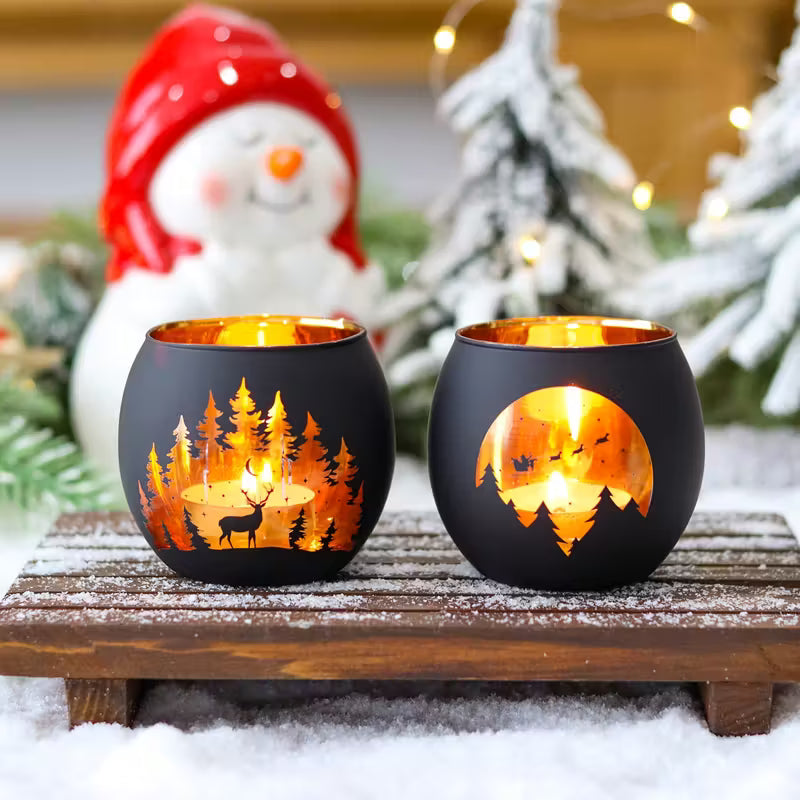 2Pairs Moonlit Forest Candle Holders – Black Glass, Santa Sleigh & Reindeer Design for Christmas Decor