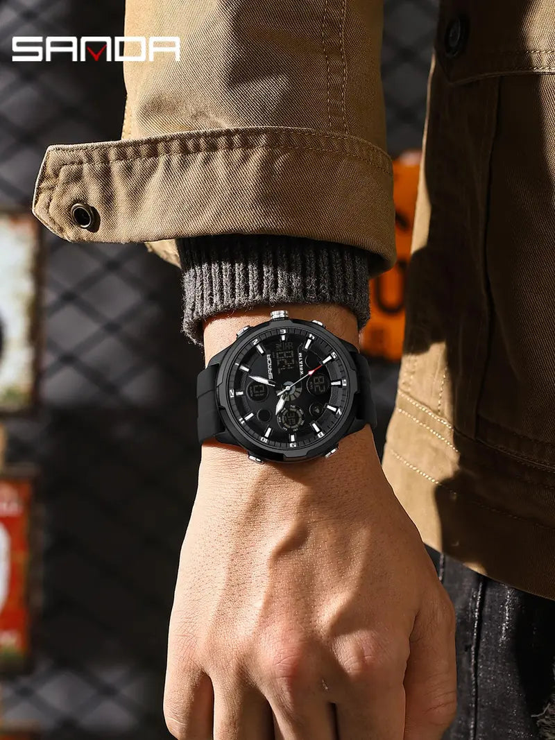 Men's Fashion Quartz Analog-Digital Watch – Casual Round Dial with Luminous Alarm, Water-Resistant Multifunctional Wristwatch with Box