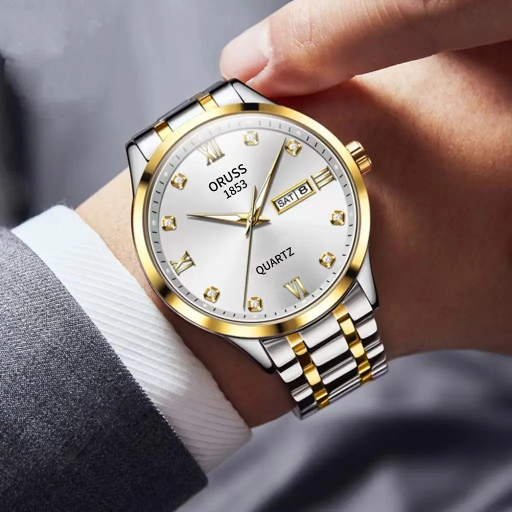ORUSS Men's and Women's Stainless Steel Dual Calendar Watch - Water Resistant, Luminous, Luxury Fashion Analog Quartz Wristwatch