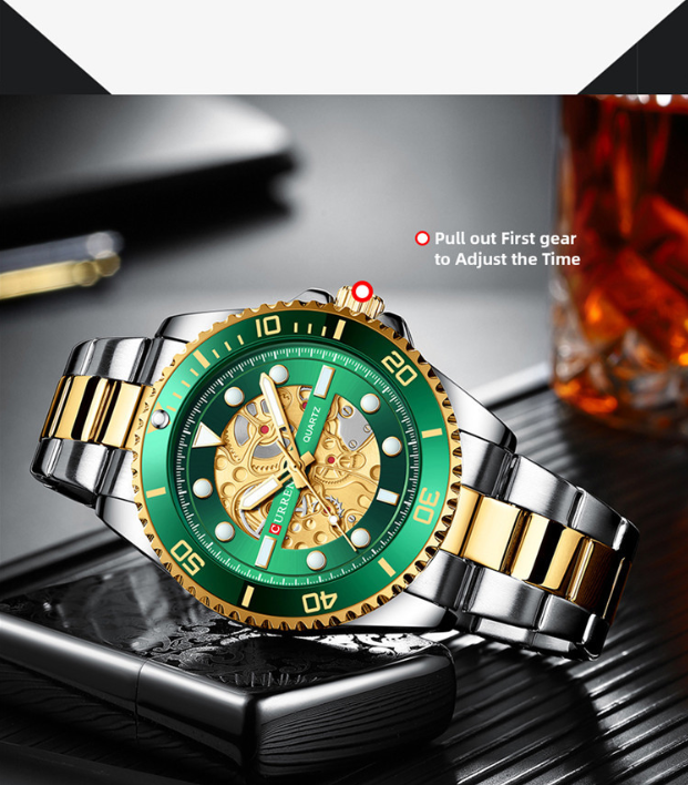 Men's Green Stainless Steel Quartz Watch – Unique Design, Fashion Trend, Versatile Daily Wear