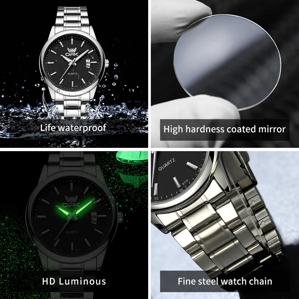 OPK Men's Stainless Steel Quartz Watch - Water Resistant, Black and White Wristwatch