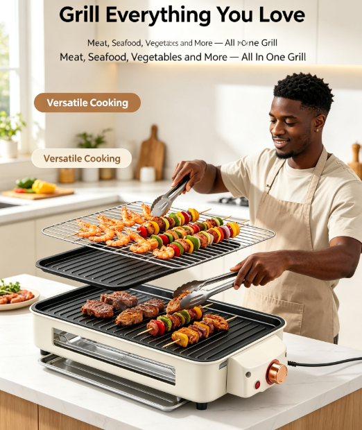 Multifunctional Split Electric Grill Pan - Large Non-Stick Smokeless BBQ Griddle for Home Barbecue